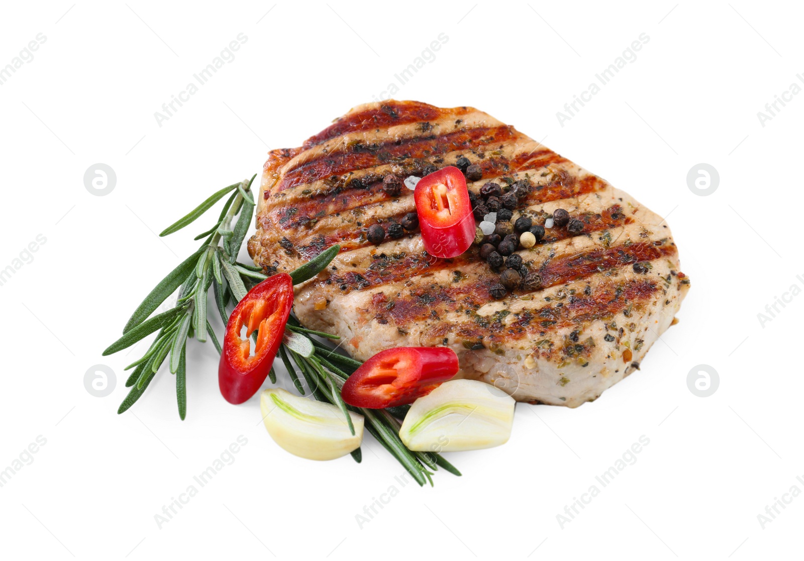 Photo of Delicious grilled pork steak and spices on white background