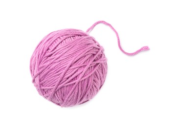 Soft lilac woolen yarn isolated on white, top view
