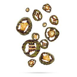 Image of Slices of grilled bell peppers in air on white background