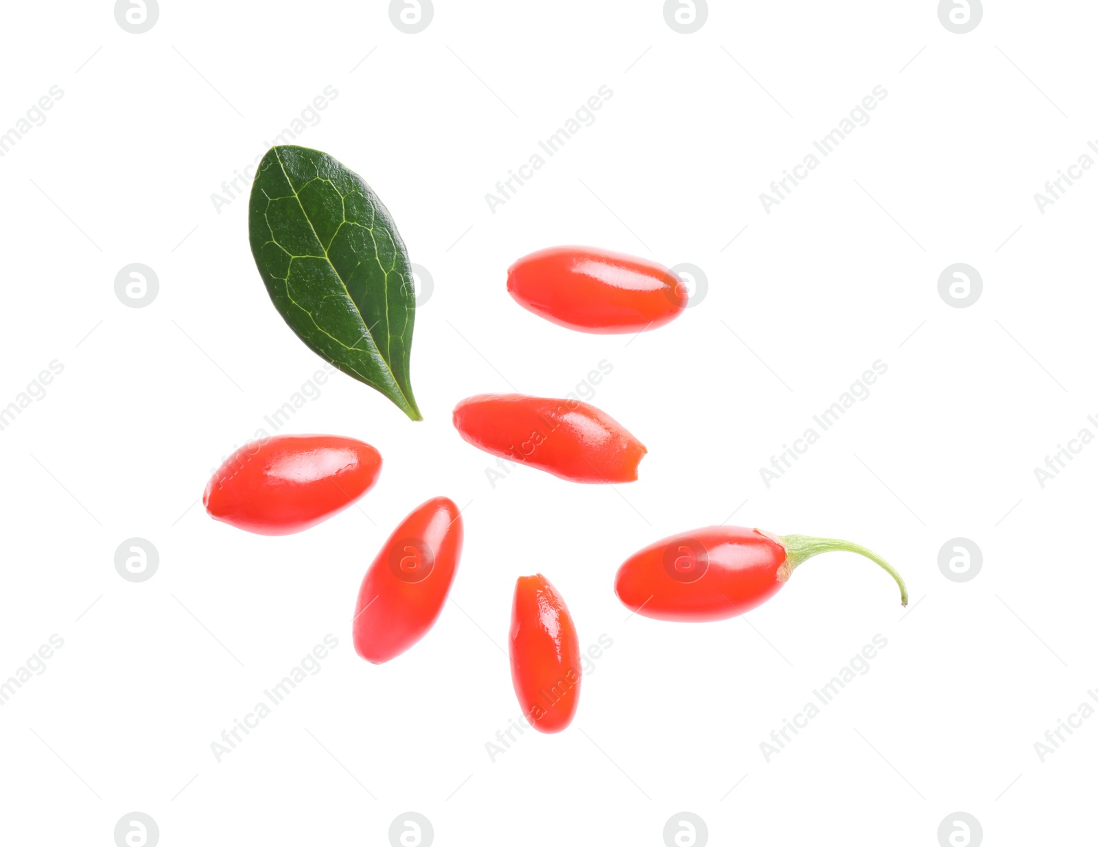 Photo of Fresh ripe goji berries and leaf on white background, top view