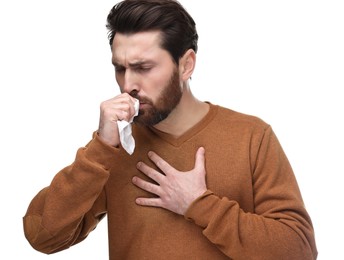 Photo of Sick man with tissue coughing on white background