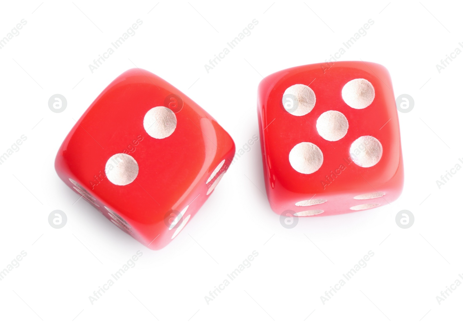 Photo of Two red game dices isolated on white, top view