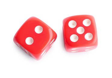 Two red game dices isolated on white, top view