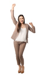 Full length portrait of emotional businesswoman on white background