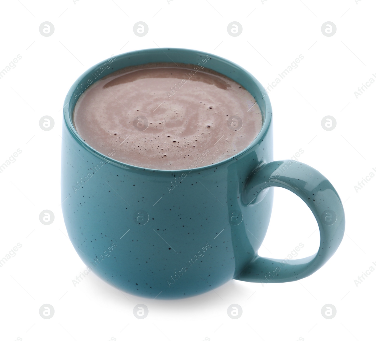 Photo of Delicious cocoa drink in blue cup on white background