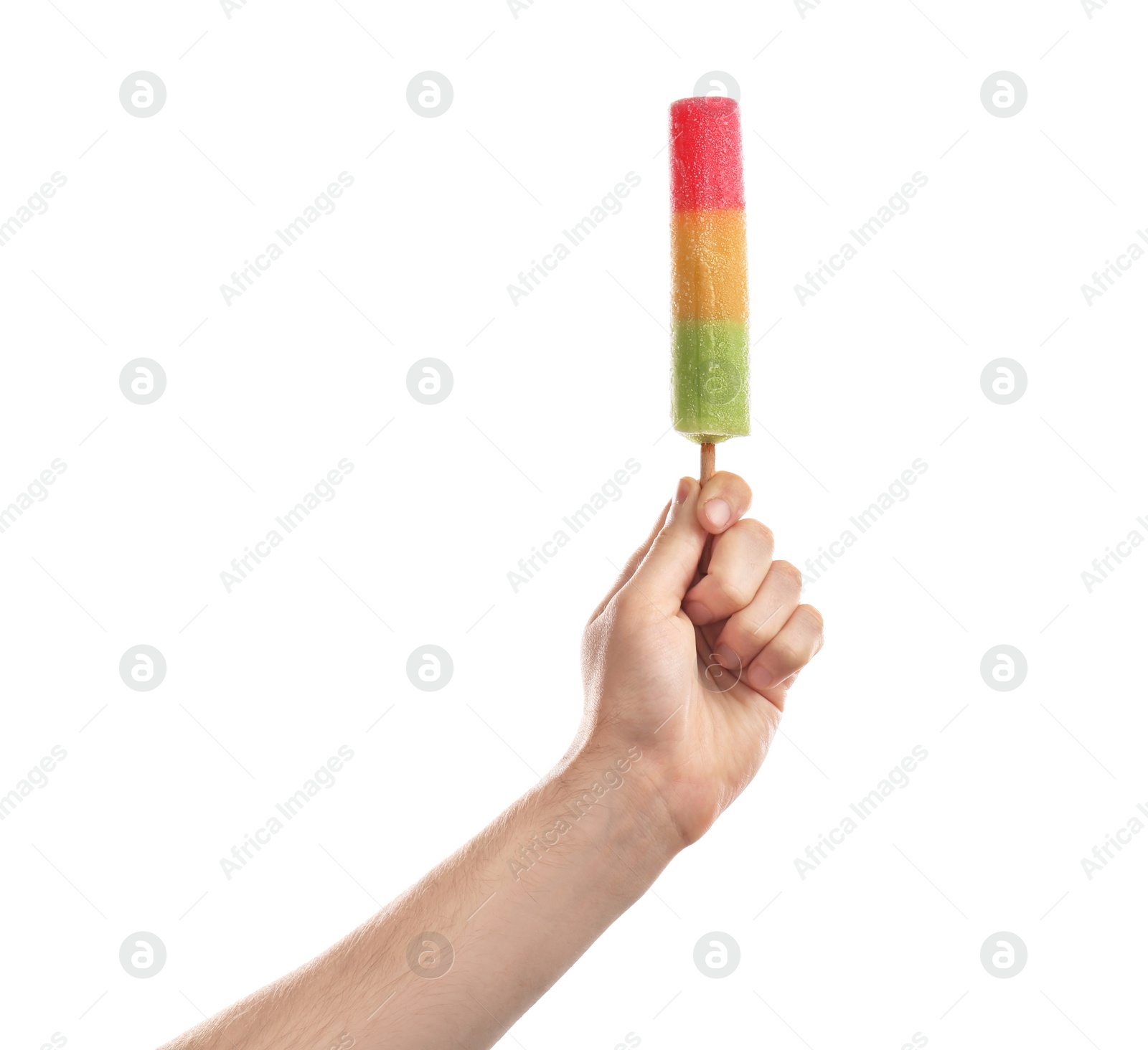 Photo of Man holding yummy ice cream on white background. Focus on hand