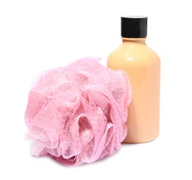 Photo of New pink shower puff and bottle of cosmetic product on white background