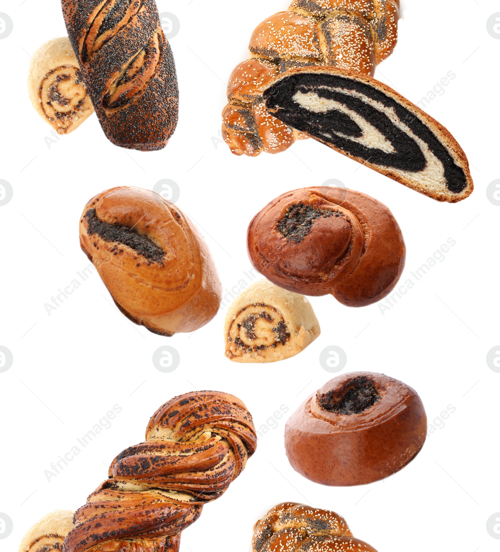 Image of Different pastries with poppy seeds falling on white background