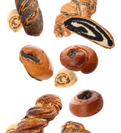 Image of Different pastries with poppy seeds falling on white background