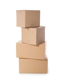 Photo of Cardboard parcel boxes on white background. Mockup for design