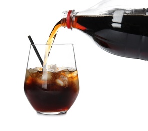 Pouring refreshing cola into glass with ice cubes on white background