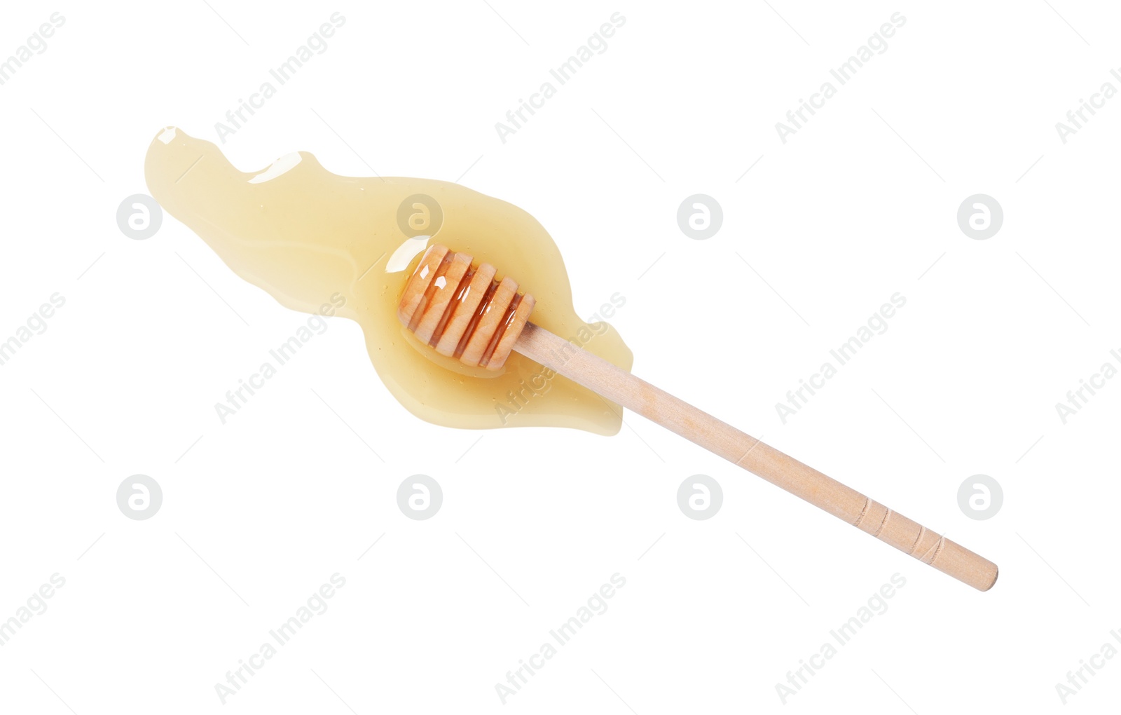 Photo of Tasty natural honey and dipper on white background, top view