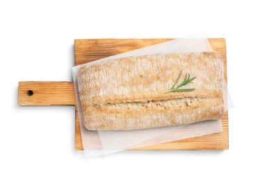 Photo of Crispy ciabatta with rosemary isolated on white, top view. Fresh bread