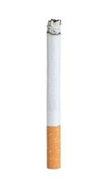 Photo of Cigarette with orange filter smoldering on white background