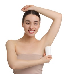 Beautiful woman applying deodorant on white background