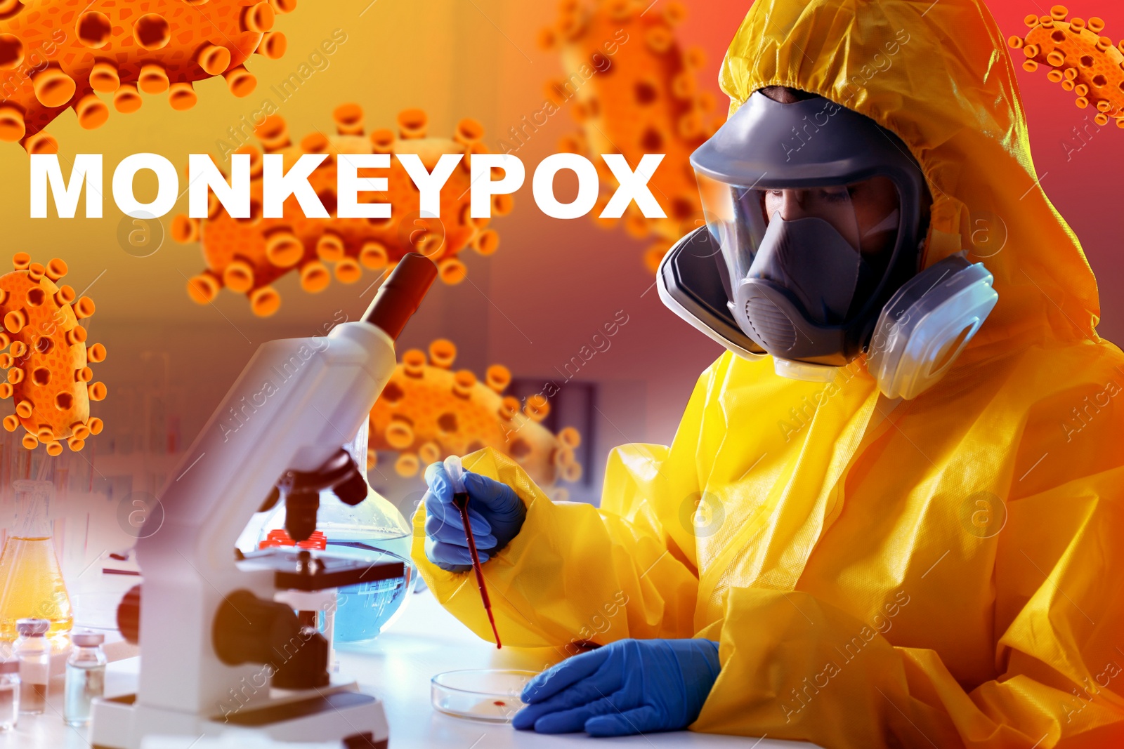 Image of Scientist in chemical protective suit dripping blood sample into Petri dish in laboratory. Monkeypox virus