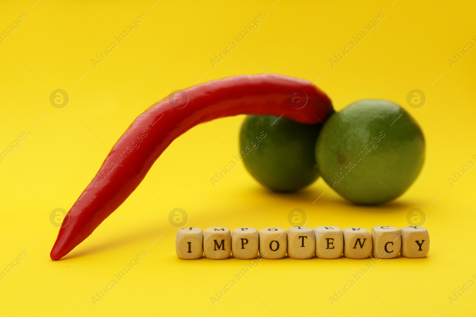 Photo of Products symbolizing male sexual organ and word IMPOTENCY on yellow background