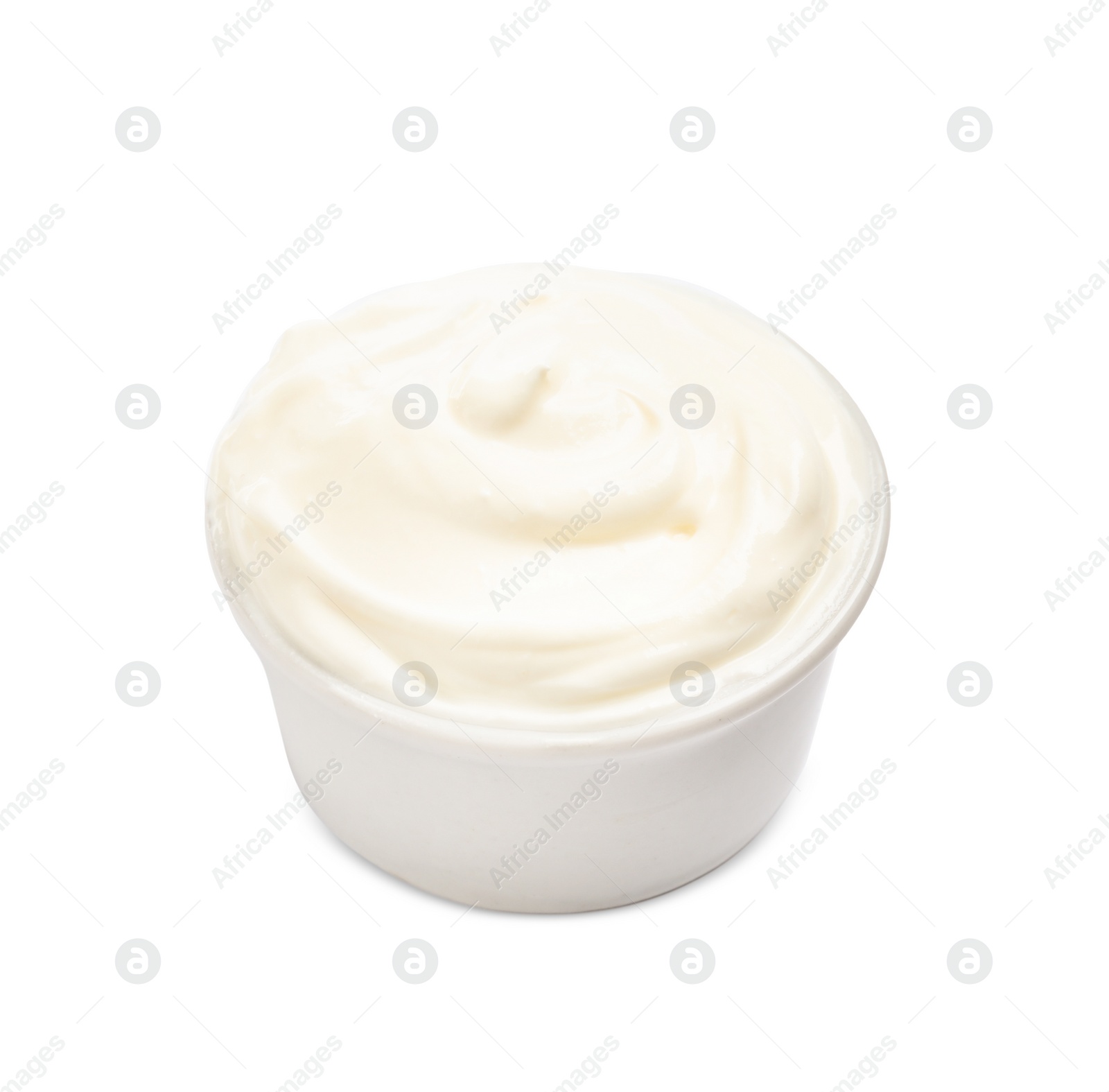 Photo of Ceramic bowl with fresh sour cream isolated on white