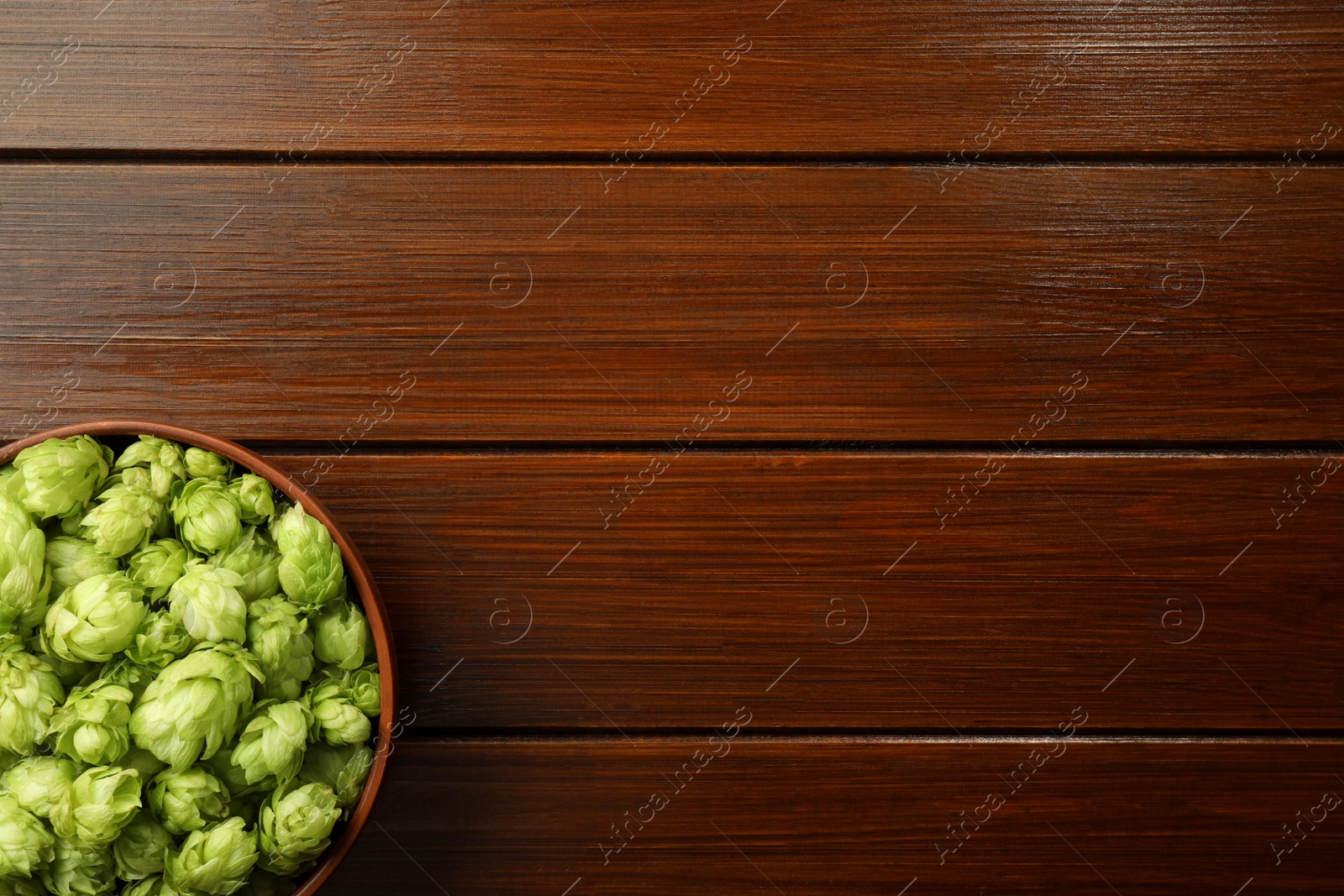 Photo of Bowl with fresh green hops on wooden table, top view. Space for text