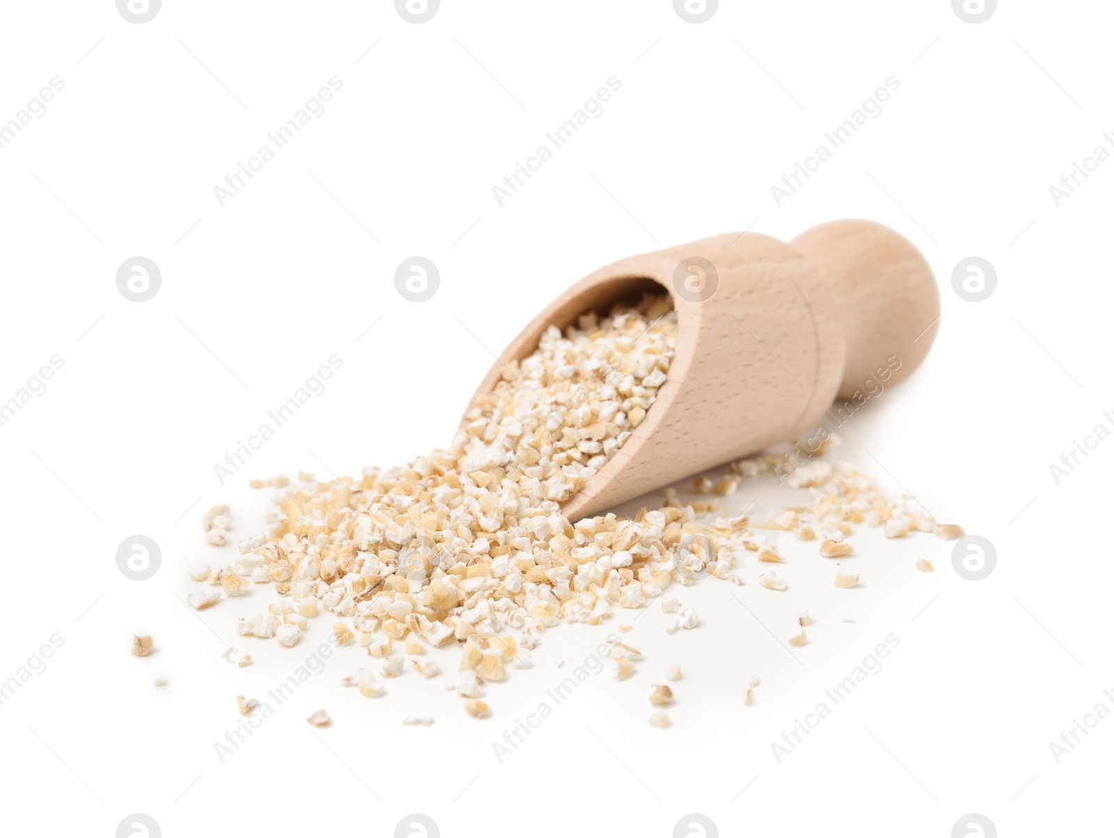 Photo of Scoop with raw barley groats isolated on white