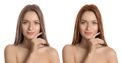 Image of Beautiful woman before and after hair coloring on white background 