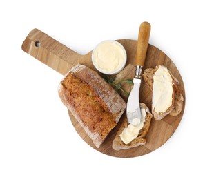 Photo of Tasty bread with butter and knife isolated on white, top view