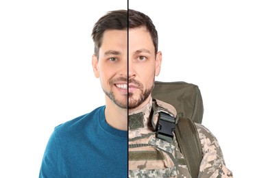 Military and civil man isolated on white, collage dividing portrait