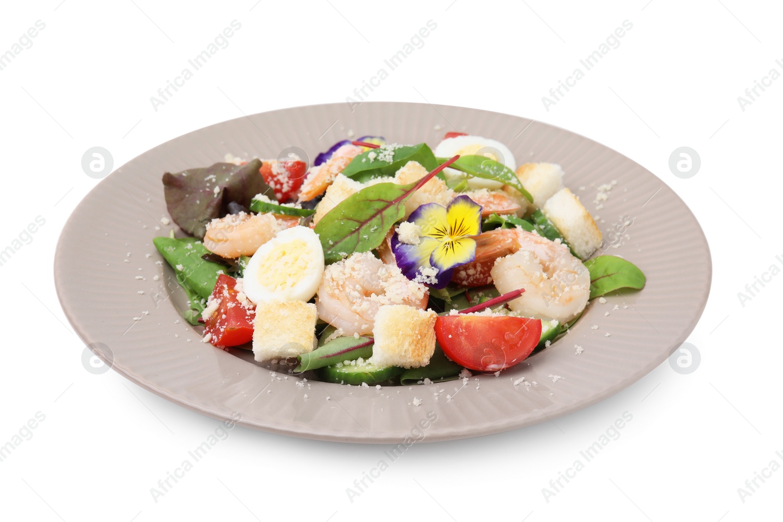 Photo of Plate of delicious Caesar salad with shrimps isolated on white