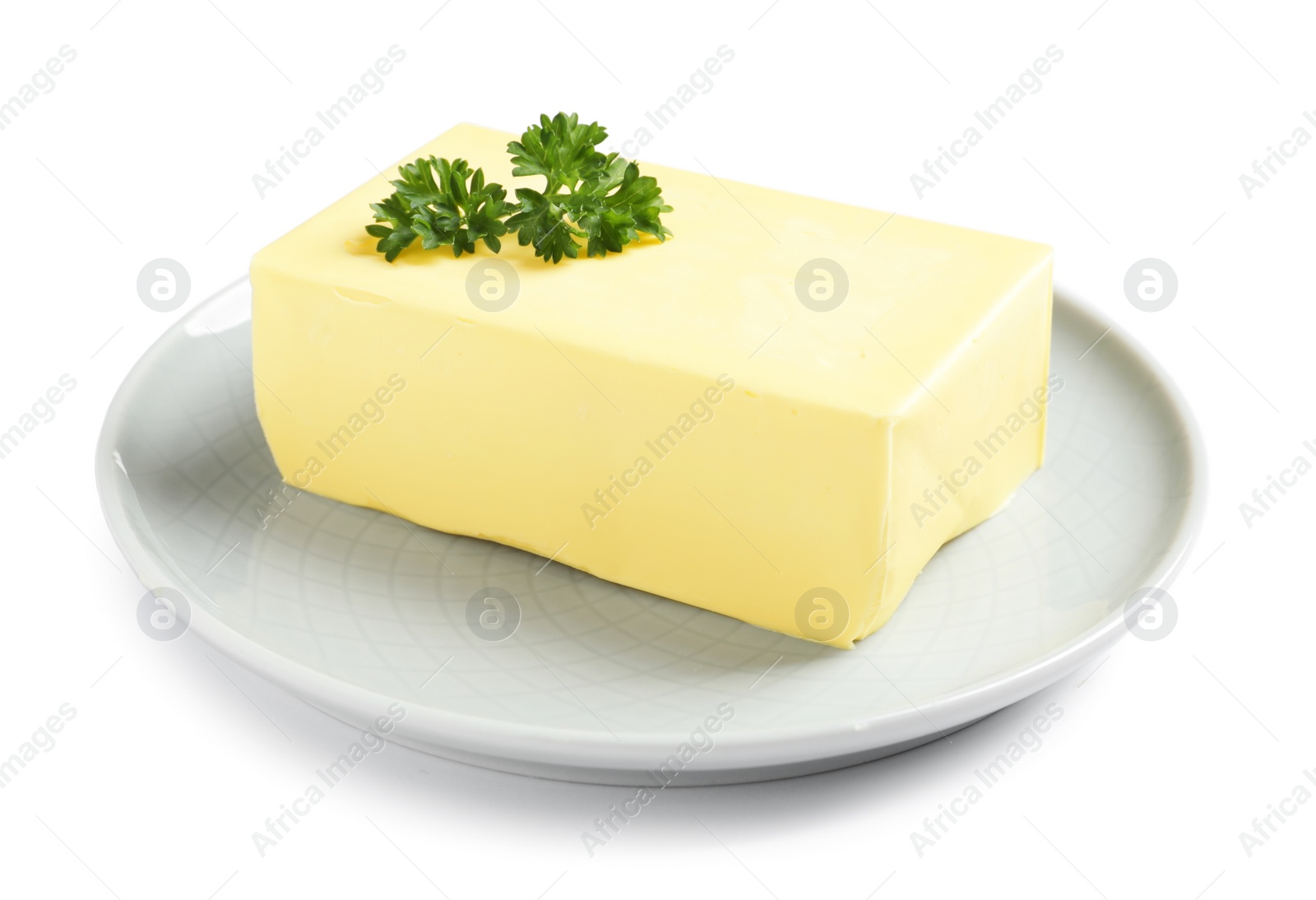 Photo of Ceramic plate with block of fresh butter on white background