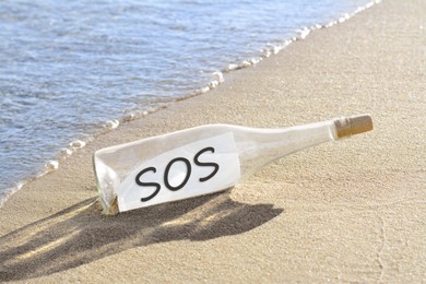 Glass bottle with SOS message on sand near sea