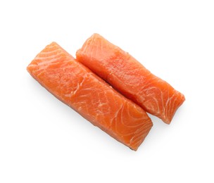 Photo of Pieces of fresh raw salmon on white background, top view