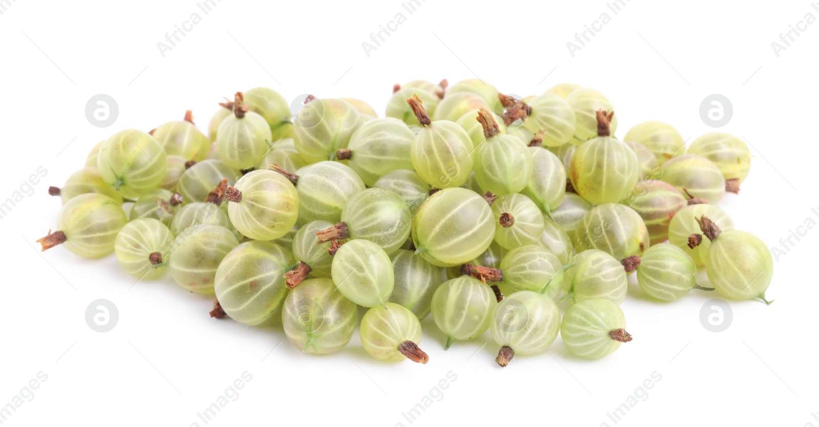 Photo of Pile of fresh ripe gooseberries on white background