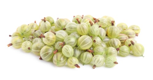 Pile of fresh ripe gooseberries on white background