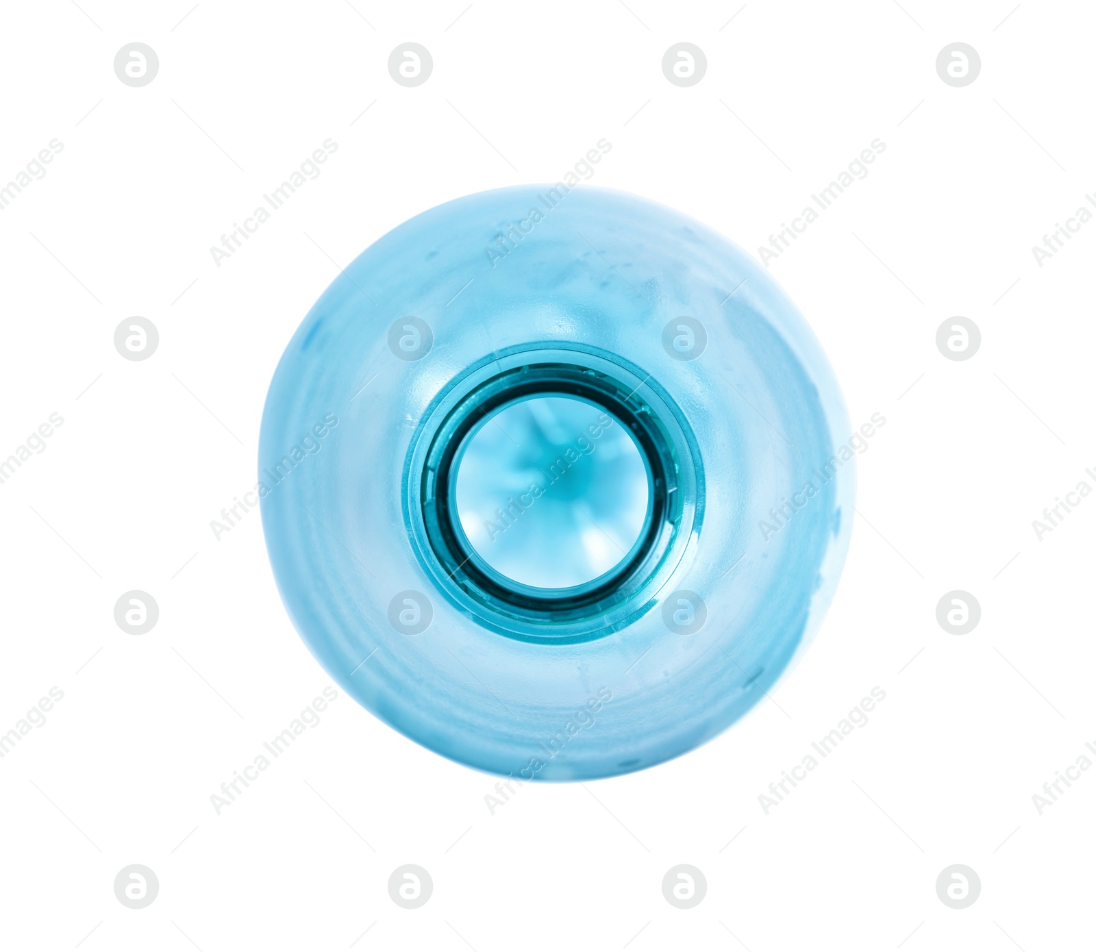 Photo of One plastic bottle on white background, top view. Recycle concept