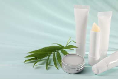 Different lip balms and palm leaf on light blue background