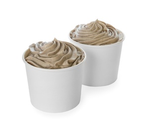 Photo of Cups with tasty frozen yogurt on white background