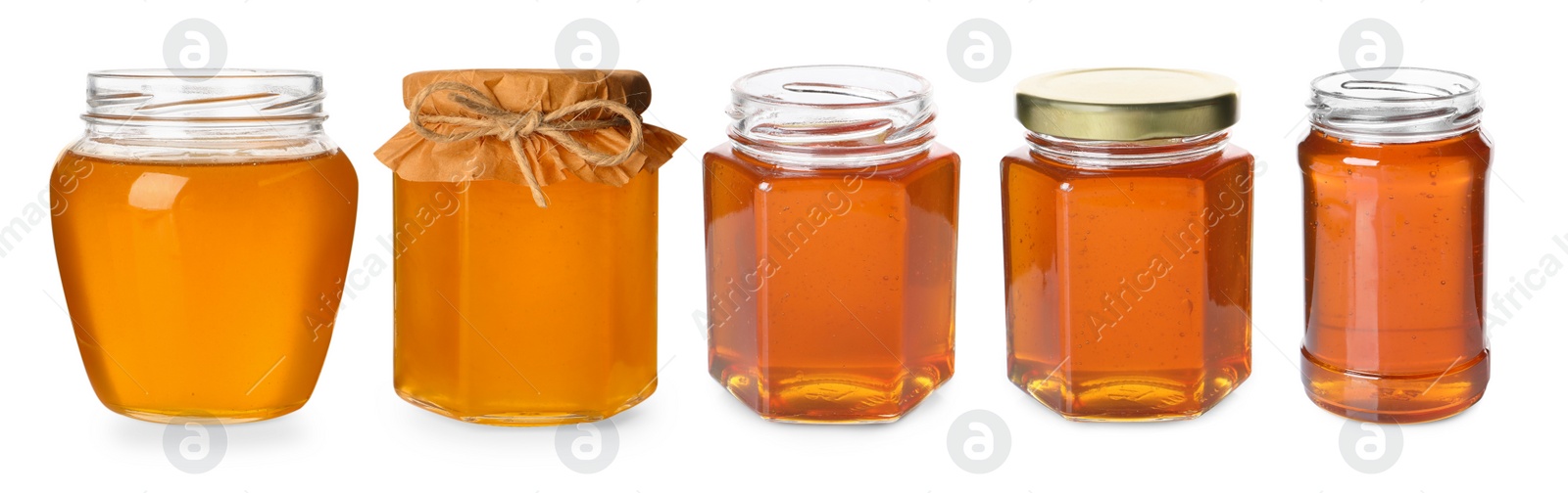 Image of Natural honey in glass jars isolated on white, set