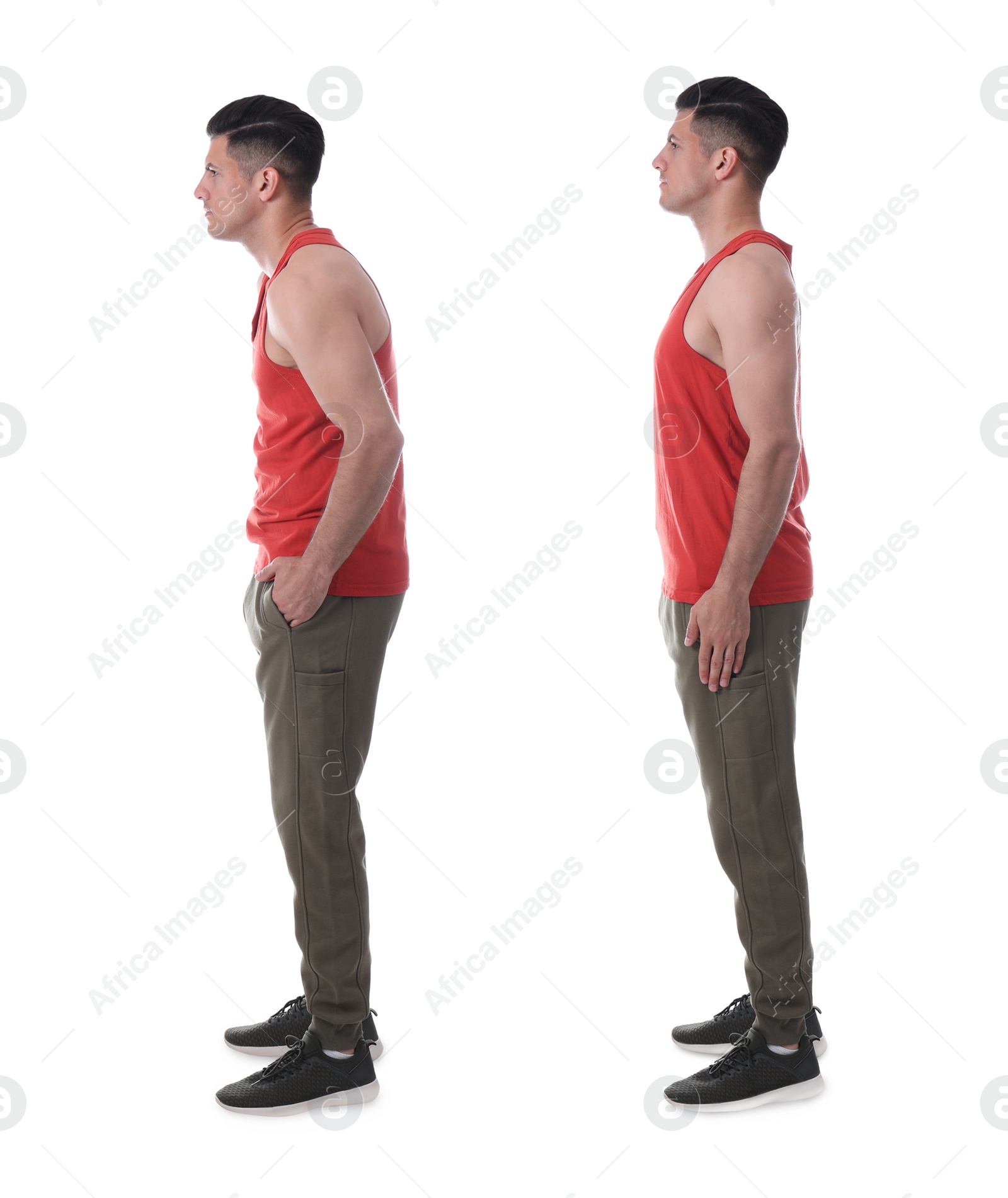 Image of Collage with photos of man with poor and good posture on white background