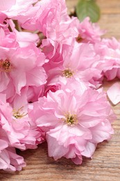 Photo of Beautiful sakura tree blossoms on wooden table, closeup
