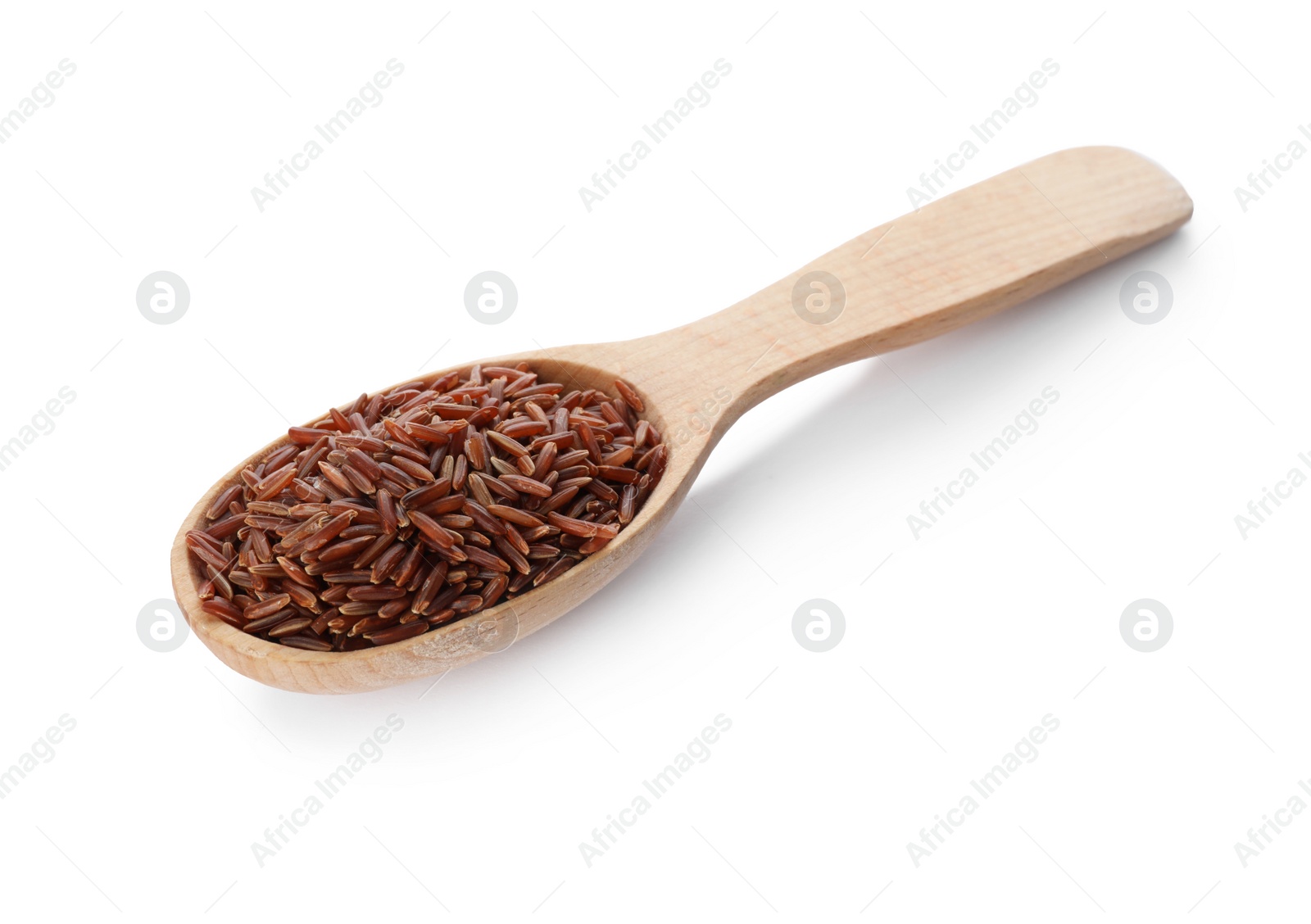 Photo of Wooden spoon with brown rice on white background