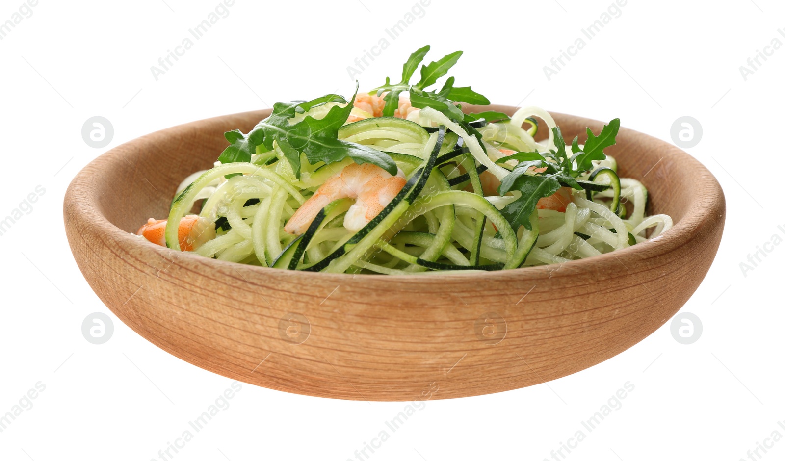 Photo of Tasty zucchini pasta with shrimps and arugula isolated on white