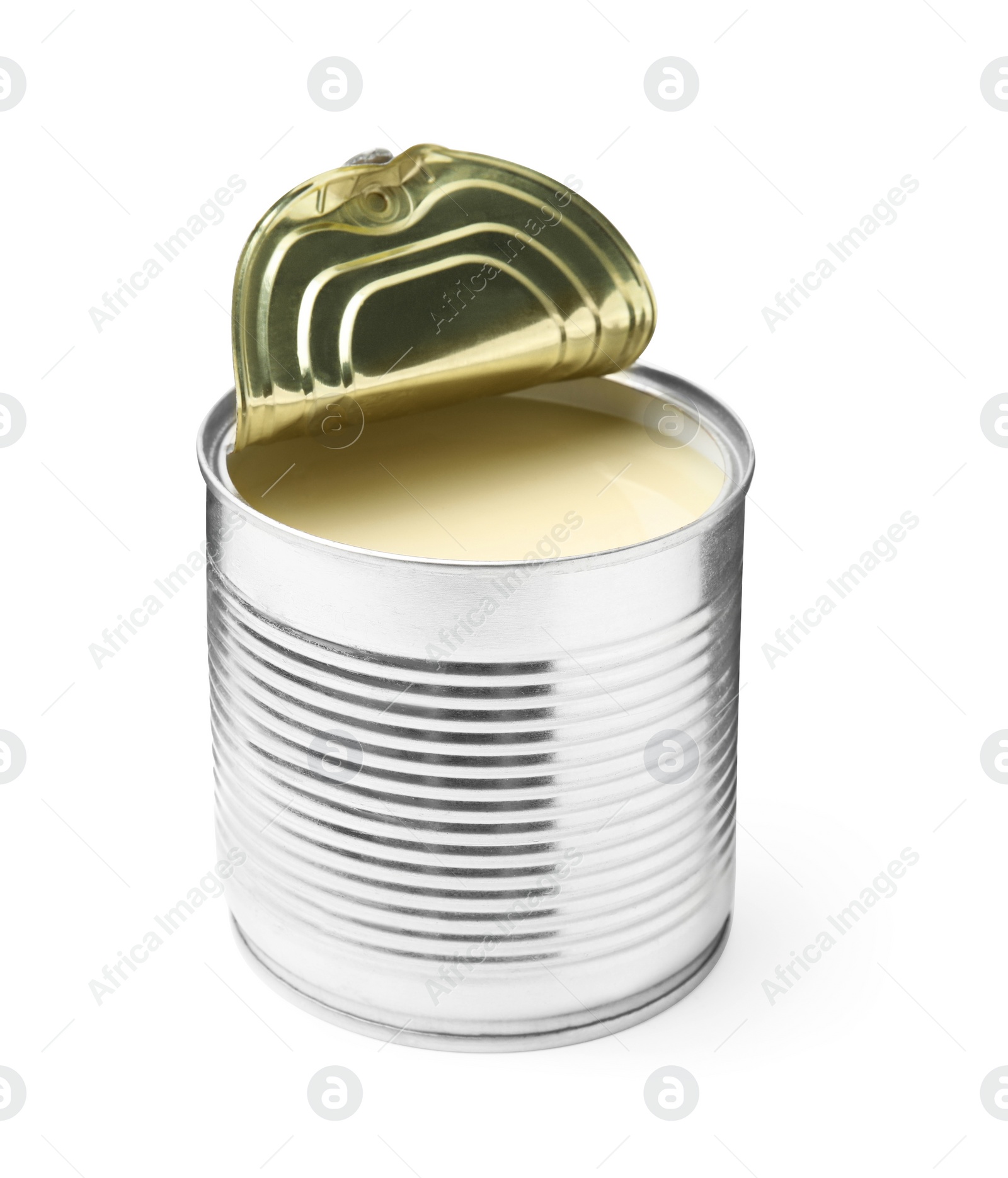 Photo of Open tin can with condensed milk isolated on white