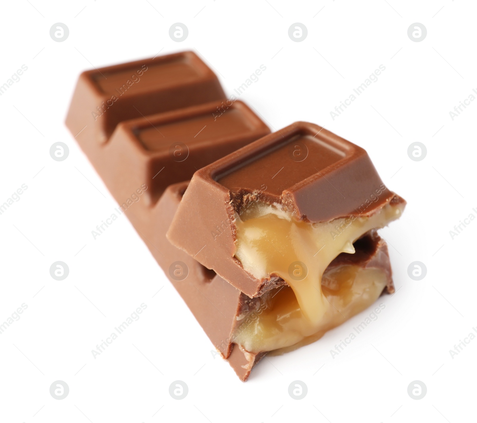 Photo of Pieces of delicious chocolate bar on white background