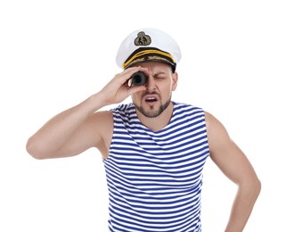 Photo of Sailor with looking through monocular on white background