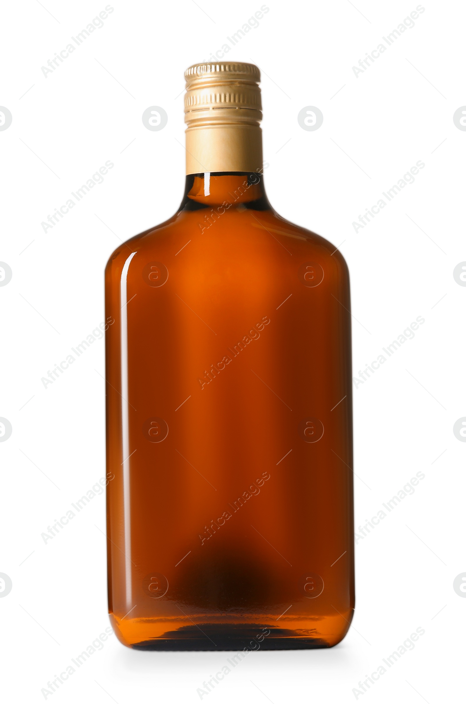 Photo of Bottle with tasty amaretto liqueur isolated on white