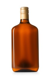 Photo of Bottle with tasty amaretto liqueur isolated on white