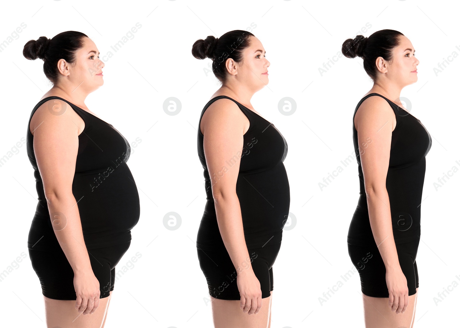 Image of Woman before and after weight loss on white background, collage