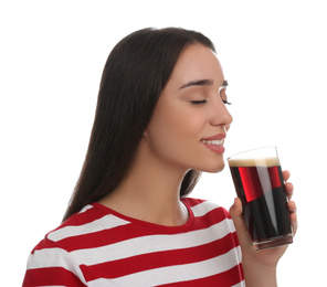 Photo of Beautiful woman with cold kvass on white background. Traditional Russian summer drink