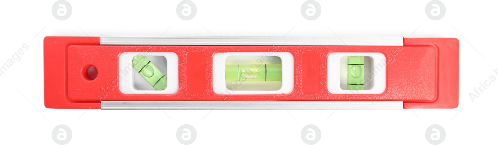 Photo of Red building level isolated on white, top view. Construction tool