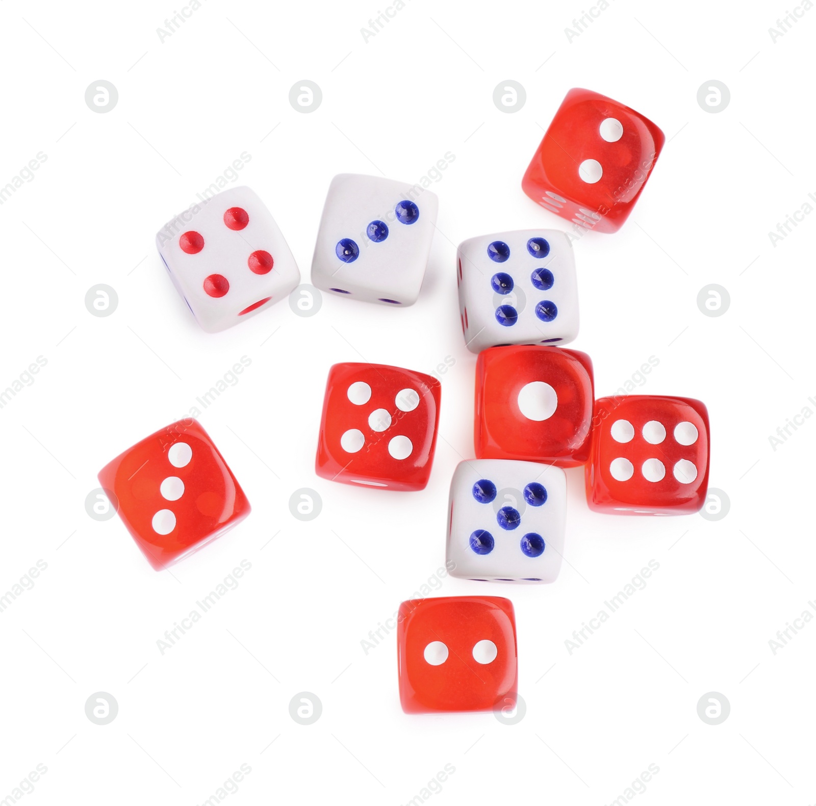 Photo of Many color game dices isolated on white, top view